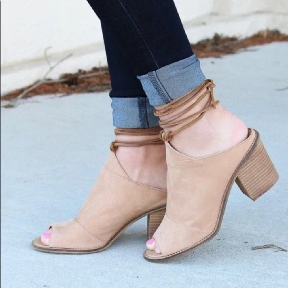 Chinese Laundry Size‎ 6 Black Leather Ankle Wrap Peep Toe Mules Shoes Heels
